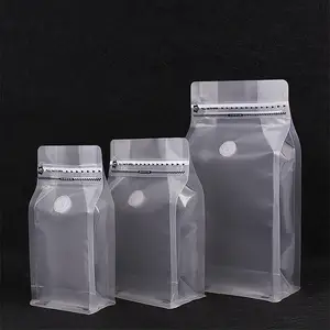 Emballage de sacs de grains de café translucides à fond plat transparent givré mat en plastique personnalisé 250G avec valve et fermeture éclair