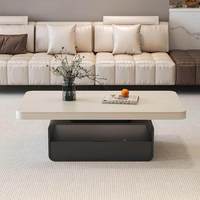 Table basse rectangulaire en pierre style crème avec roulettes et rangement pour petit appartement, salon, mobilier moderne et minimaliste pour la maison
