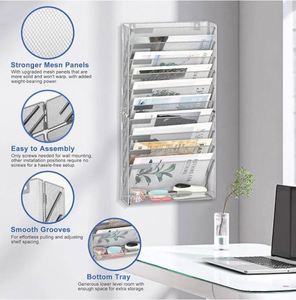 Wall <b>File</b> Holder 10 Tier Mesh Hanging Folder Organizer with Flat Tray Wall Mounted Mail Organizer Magazine Paper Desk Shelf - Product Image 3