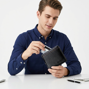 WRIZA <b>Men's</b> Genuine Leather Slim Fold <b>Wallet</b> Vintage Zipper <b>Black</b> Minimalist Daily Use New Arrival Business-Grade RFID Blocking - Product Image 3