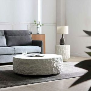 Mesa de Centro Moderna Redonda de Fibra de Vidrio Blanca con Textura de Roca Natural para Sala de Estar, Hogar u Hotel - Product Image 2