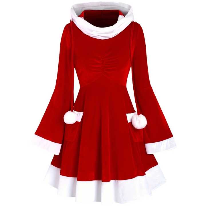 Evening Plus Size Santa Claus Red Hooded Dress Christmas Party