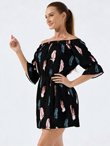 Robe décontractée mi-longue à imprimé plumes et épaules dénudées pour femme, manches évasées, taille naturelle, pour l'été et le quotidien - Product Image 5