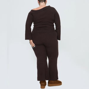 <span class=keywords><strong>Pantaloni</strong></span> <span class=keywords><strong>a</strong></span> Zampa in Maglia <span class=keywords><strong>a</strong></span> <span class=keywords><strong>Coste</strong></span> Marrone Taglie Forti da Donna, <span class=keywords><strong>Pantaloni</strong></span> Casual <span class=keywords><strong>a</strong></span> Vita Alta, Set Coordinato, Abbigliamento Caldo per Autunno e Inverno - Product Image 4