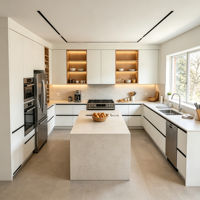 Cuisine en L sur mesure avec îlot central, rangement intégré pleine hauteur, éclairage LED, unité de cuisine pour villa