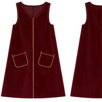 Robe salopette d'été décontractée en velours côtelé de coton pour filles, bordeaux, sans manches, coupe droite, unie, longueur genou, avec poches