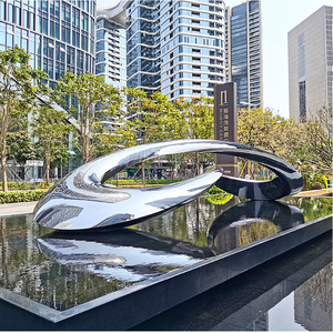 Fontaine extérieure en acier inoxydable, design contemporain, finition miroir, sculpture d'art paysager urbain - Product Image 3