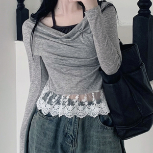 Camiseta de manga larga INS para mujer, estilo minimalista con bloques de color, cuello halter, efecto de capas, ribete de encaje y ajuste ceñido. - Product Image 1