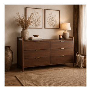 Commode en bois de style Mid-Century Modern avec 6 tiroirs, longue armoire de rangement pour chambre à coucher, salon, meubles de maison - Product Image 5