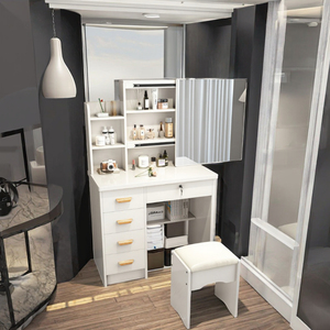 Tocador Moderno de Lujo de Madera Maciza de Roble con Espejo Extraíble, Panel de MDF, Mesa de Maquillaje para Dormitorio, Hotel, Apartamento, con Almacenamiento - Product Image 1