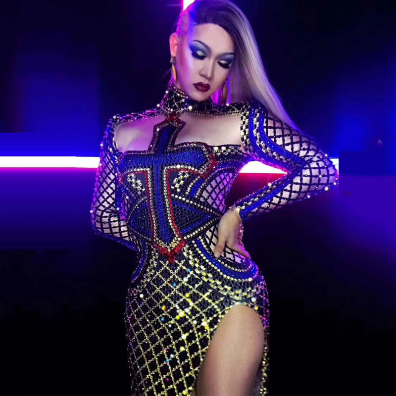 Traje de dança feminino sexy, fantasia de dança, vestido de strass - Main Image