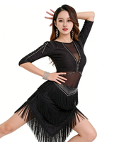 Ensemble haut et jupe de danse latine à franges, strass et maille, pour samba, rumba, danse du ventre, costumes de scène pour femmes