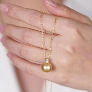 שרשרת תליון עגולה בעיצוב קסום, פנינת ים דרומית איכותית AAAA בציפוי זהב, שרשרת מצופה כסף באורך 40 ס\\\"מ + 5 ס\\\"מ, אופנתית - Product Image 1