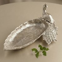 Plateau de rangement en argent antique motif feuille de paon, plat à bibelots en métal, bol décoratif pour clés, décoration de salon - B2B Ali Handicrafts