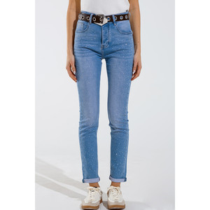 Jeans skinny en bleu délavé avec strass sur toute la partie avant - Product Image 2