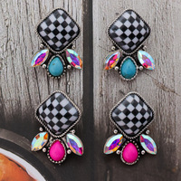 Boucles d'oreilles turquoise style occidental à motif damier pour elle, forme diamant noir et blanc avec clous turquoise