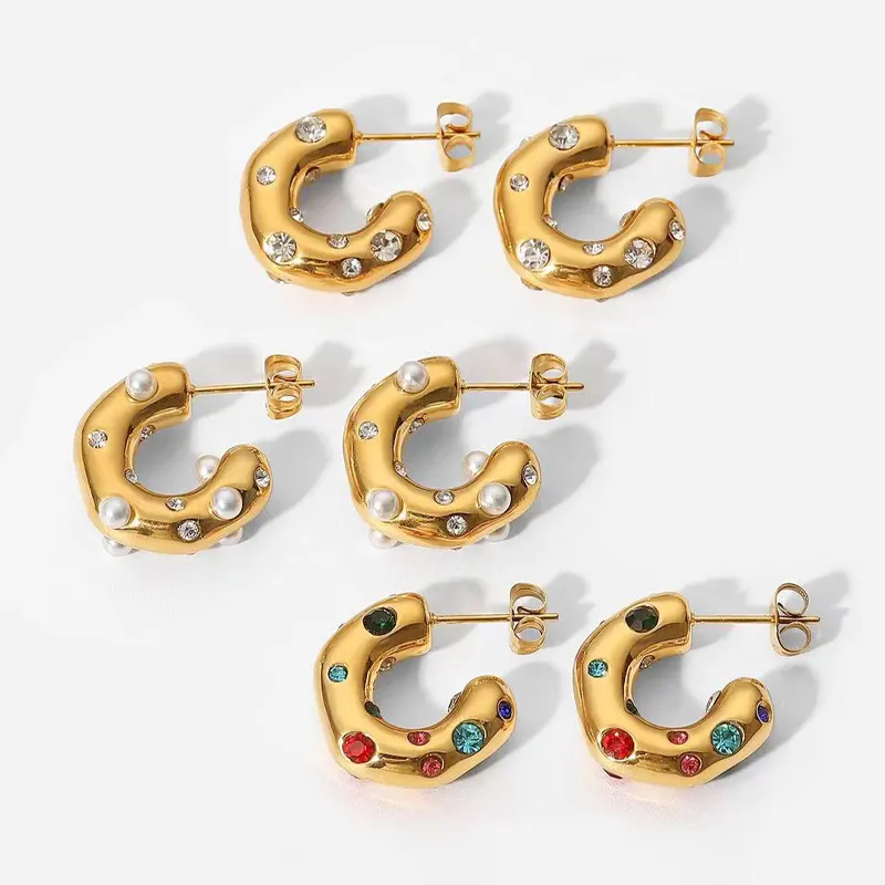 Trendy Designer Ladies Stainless Steel Hoop Pearl Earrings Luxury Gold Plated CC Zircon Earings Jewelry Women