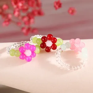 XYI-134 Wholesale Finger Rings Jewelry Fashion Woman Elastic Handmade Clear Seed Beads Flower Ring