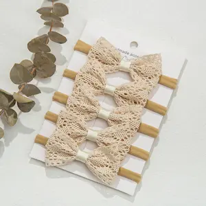 Newborn Girls Elastic Hair Bands Embroidery Handmade Headband Hair Ties Lace Bows Plain Crocheted Cotton Headband