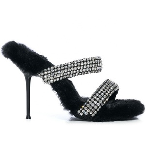 Women's Open Square Toe Fur Mules Thin High Heels Shiny Diamonds Shoes Slip-on Summer Slippers Girl's <b>Sandals</b> Big Size 45 - Product Image 4