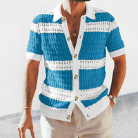Sommer Neue Mode Atmungsaktiver Gestreifter Einknopf-Cardigan mit Halben Ärmeln aus Polyester Lässiger Lockerer Herren-Strickpullover