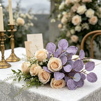 Ranting Daun Eucalyptus Plastik Tahan Lama Warna Ungu Lavender dengan Urat Jala, Tanaman Hias Palsu untuk Dekorasi Pernikahan, Dinding Bunga