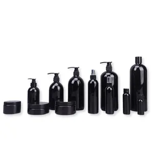 Siyah parlak özel cilt bakımı ambalaj yuvarlak disk kapağı şampuan şişesi pompası Serum şişesi saç sis sprey PET plastik şişe
