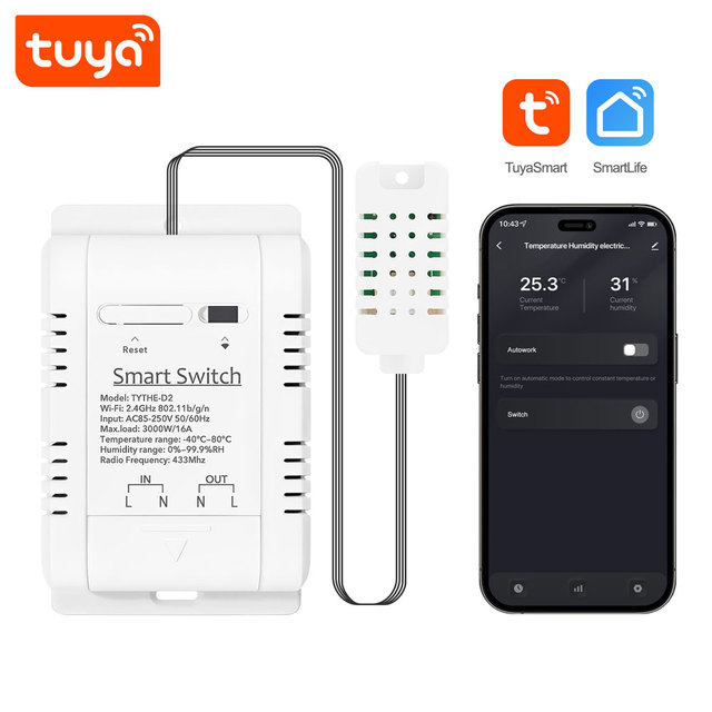 Tuya Smart WiFi Temperature & Humidity Switch 16A 3000W Energy Monitoring Smart Home Controller with ABS Probe PST-TYTHE-D2