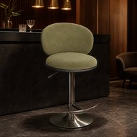 Tabouret pivotant en velours vert kaki avec dossier, assise circulaire rembourrée, base bombée gris bronze, réglage hydraulique et repose-pieds courbé pour la maison