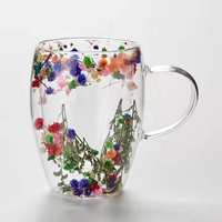 Tasse à café en verre à double paroi créative en borosilicate de 350ml en stock Tasses en céramique avec motif de fleurs séchées