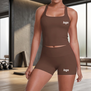 Solid Brown 2-Piece Yoga Set Racerback Square Neck Crop Top High-Waisted <b>Shorts</b> Breathable Spandex/Nylon Front Workout Outfit - Product Image 3