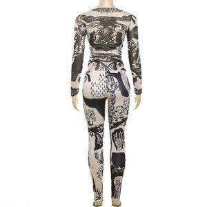 Ruizi 2025 primavera Streetwear manga larga estampado a juego Leggings Slim Fit malla transparente conjunto de 2 piezas mujeres - Product Image 1