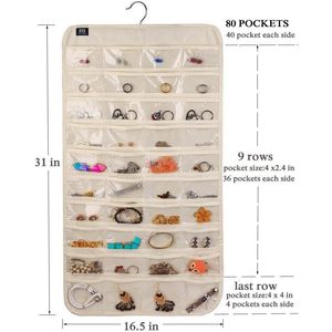 Organisateur de bijoux suspendu, 80 poches, beige, pour le rangement des boucles d'oreilles et des bagues, pour femmes et filles - Product Image 2