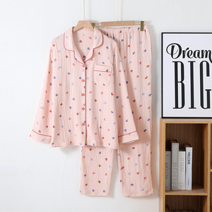 Pigiami da <span class=keywords><strong>donna</strong></span> stile rustico giapponese in <span class=keywords><strong>cotone</strong></span> a maniche lunghe abbigliamento termico con chiusura elastica in vita per la primavera e l'autunno - Product Image 3