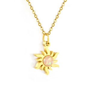 Sunflower Pendant <b>Necklace</b> Gold Plated <b>Opal</b> Inlay Geometric Design Women's Jewelry Gift Fashion Accessory - Product Image 2