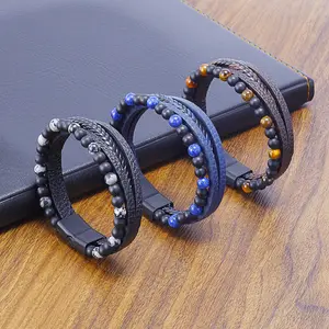 Pulsera de cuero tejido Punk multicapa para hombre, hecha a mano, Ojo de tigre volcánico de Lava, brazalete envolvente con cuentas de piedra Natural, cierre magnético