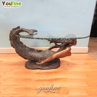 Table basse sirène en bronze sur mesure avec plateau en verre, sculpture artisanale sur le thème de l'océan