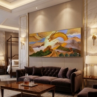 Peinture chinoise grandeur nature de la Grande Muraille avec dragon doré, encadrée et peinte à la main, pour la décoration de hall d'entreprise.