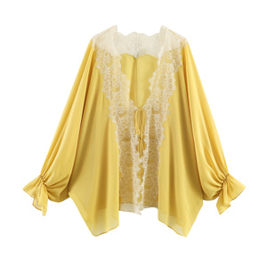 PB&ZA Groothandel Zomer Nieuwe Stijl Kant-versierde Chiffon <span class=keywords><strong>Blouse</strong></span> met Geruite Bell Mouwen, Design Top 9038832 - Product Image 1