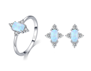 Ensemble bague et boucles d'oreilles en argent sterling S925 avec opale, taille brillant rond, sertissage griffe, bijoux classiques pour femme, bijoux fins de fiançailles - Product Image 1