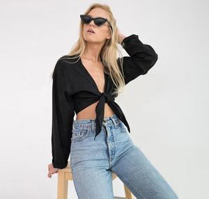 Ojo de la captura de lino puro corbata anudada damas Top con hermosa Sexy cuello en V y manga larga pantalones de lino blusa Boho - Product Image 1