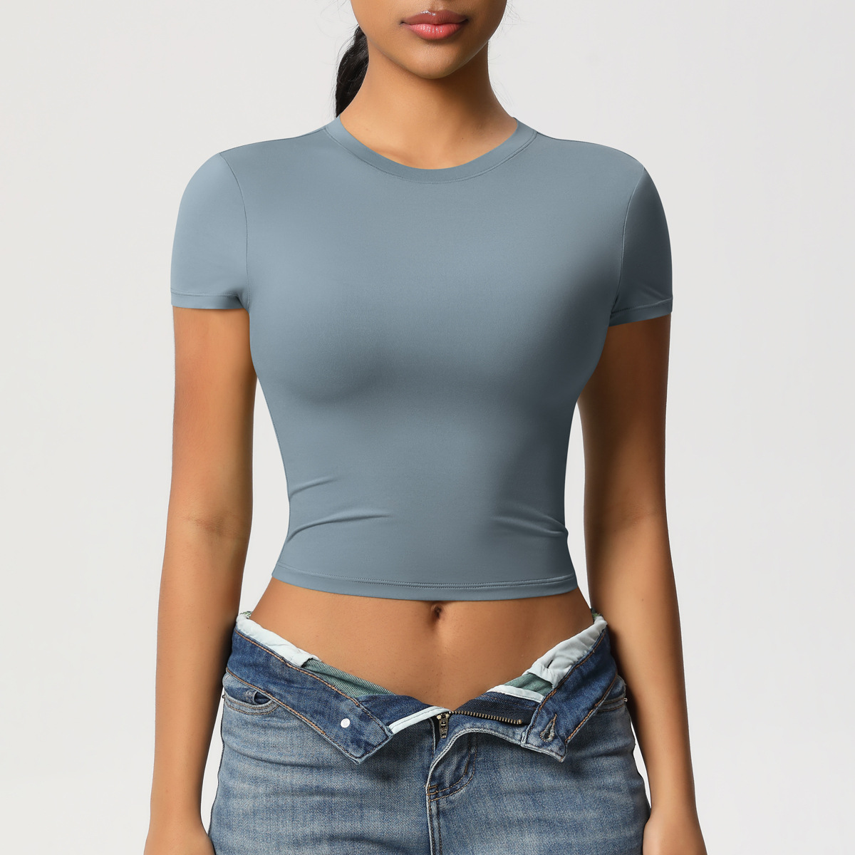 Women's Double-Faced Solid Color Nylon Yoga Crop Top Short-Sleeve Slim-Fit Quick-Dry Fitness T-Shirt Workout Running Sportswear
