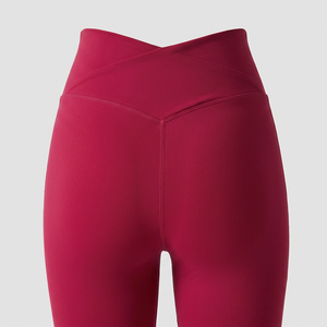 Pantalones de Yoga Premium para Mujer, Color Borgoña, Cintura Alta, Corte Acampanado, con Cintura Cruzada en V y Detalle de Botones, para Colecciones de Fitness Profesional - Product Image 4