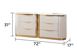 Commode moderne en bois à 6 tiroirs avec détails dorés, blanche, pour chambre à coucher (éco-responsable, comprend uniquement la commode) - Product Image 2