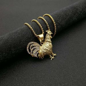 Collier Pendentif Coq du Zodiaque Hip Hop en Acier Inoxydable Plaqué Or, Breloque Animale, Chaîne 3mm 61cm, Bijou Cadeau - Product Image 1