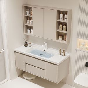 Mueble de Baño Color Crema con Espejo, Lavabo Integrado de Cerámica, Gabinete de Almacenamiento Inteligente para Baños Modernos - Product Image 3