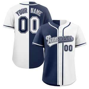 Op maat gemaakt wit marineblauw baseballshirt met split en haakdetails, authentiek en modieus - Product Image 1