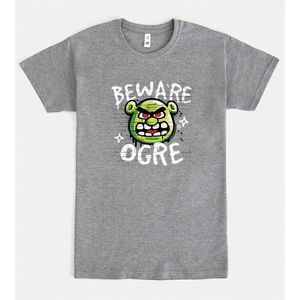 T-shirt Beware Ogre grigia con scollo rotondo e maniche corte, maglietta promozionale con grafica - Product Image 1