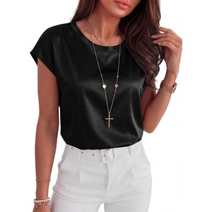 Womens Silk Satin Top Cap Sleeve Crew Neck Anti-Wrinkle Office Casual <b>Blouse</b> Summer Outfit - Product Image 4