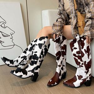 Western Style Horse Hair Cowboy Long <b>Boots</b> Women High Square Heels Cow Pattern Shoes V-shaped Top Knee High Booties - Product Image 3